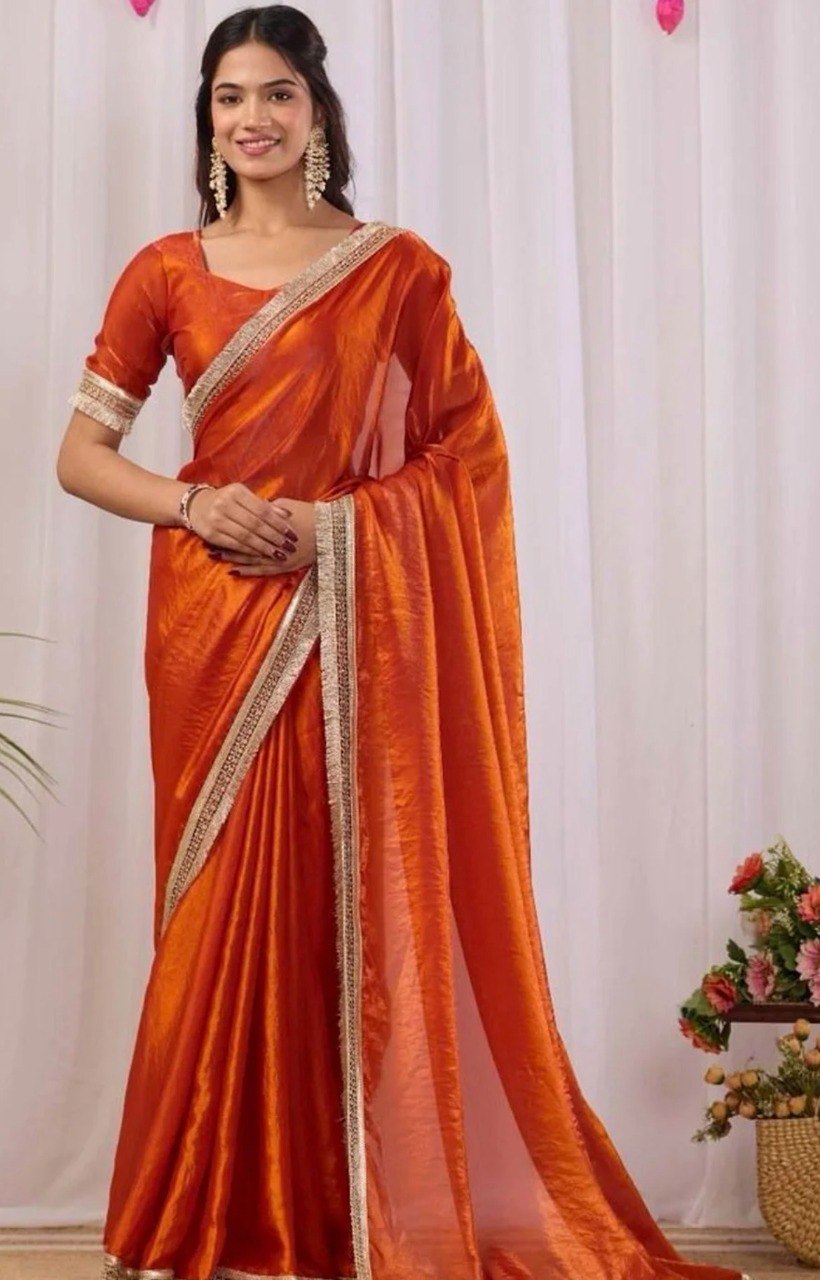 Two tone Space silk With Embroidery coding with Sequence Border In Saree