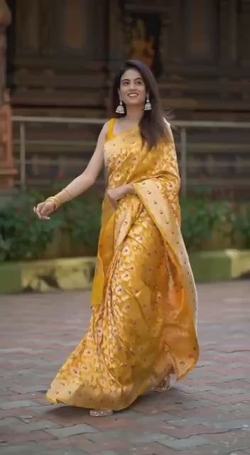 Mango Yellow Banarasi Silk Saree With Zari Weaving Work