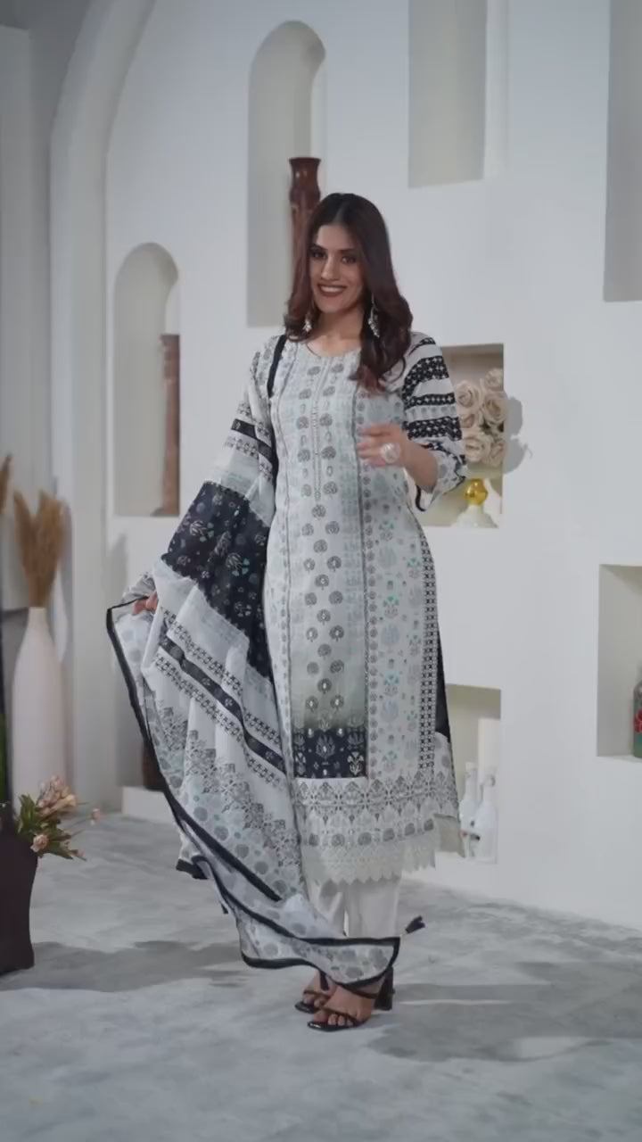 White Color3 pair kurti Suit Set you've described seems to be a party wear outfit made from Maslin fabric with digital prints Georgette Duptta.(3-Pair)