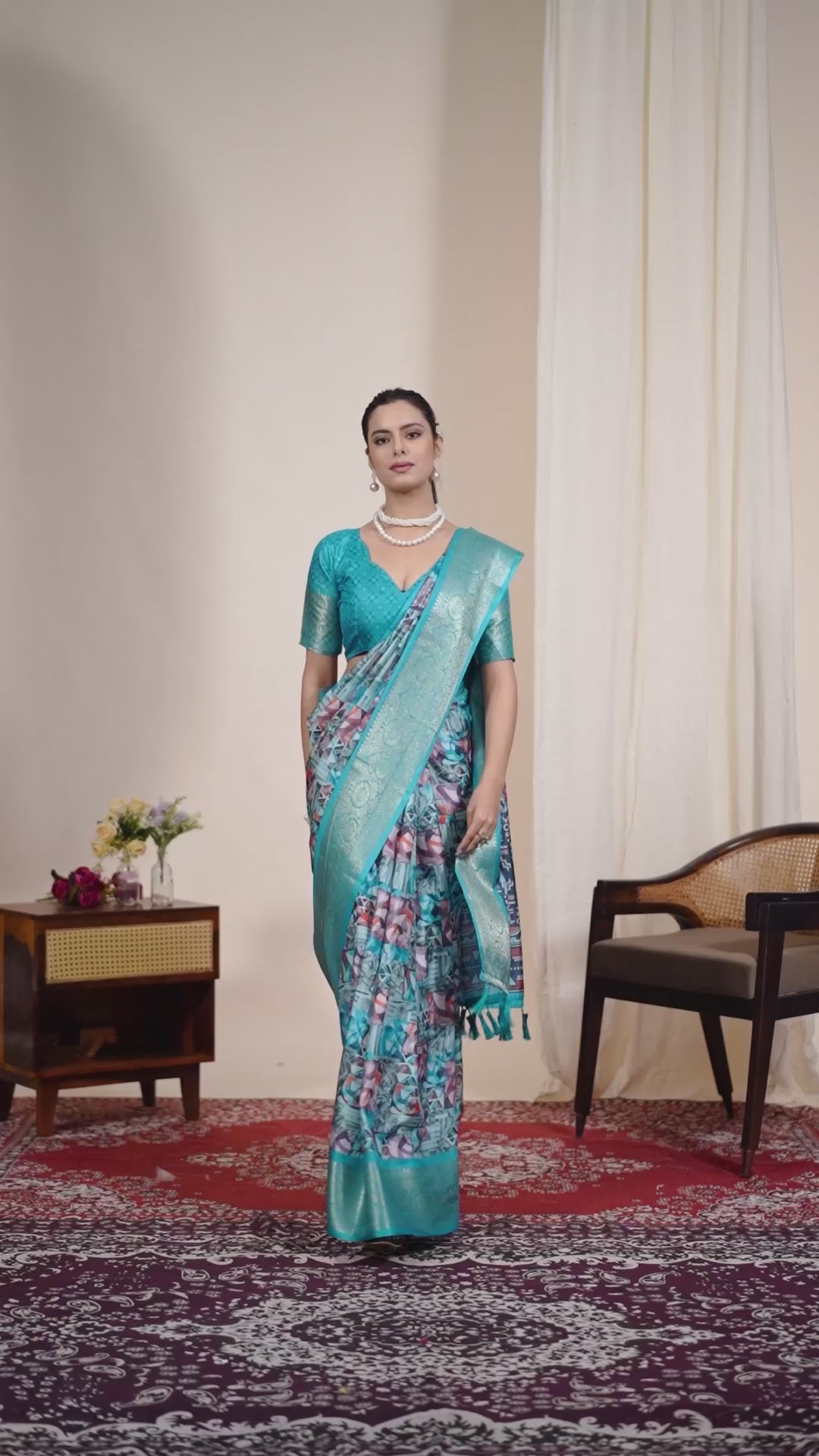 Premium Soft Lichi Silk Saree in Elegant Sea Green Shade, adorned with Artistic Abstract & Floral Digital Prints and enriched with a Luxurious Golden Zari Woven Border — a perfect blend of tradition and trend for festive & party occasions.