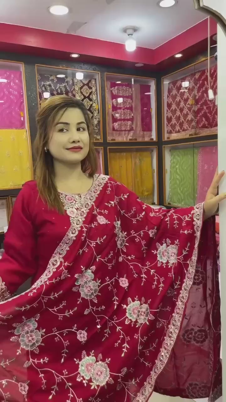 NEW  colour 3-pair Suit Set you've described seems to be a party wear outfit made from have pure chinon  fabric with multi colour embroidery work .(3-Pair)