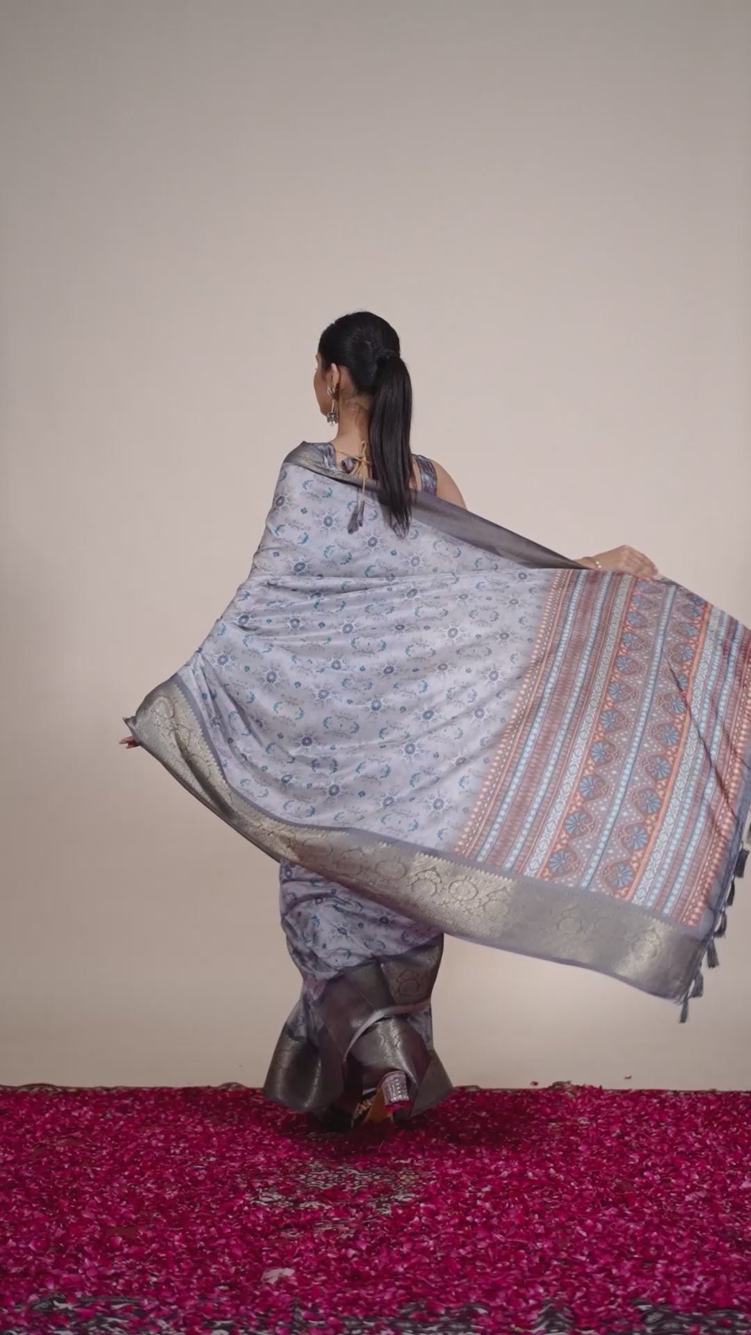Premium Soft Lichi Silk Saree in Elegant Sea Green Shade, adorned with Artistic Abstract & Floral Digital Prints and enriched with a Luxurious Golden Zari Woven Border