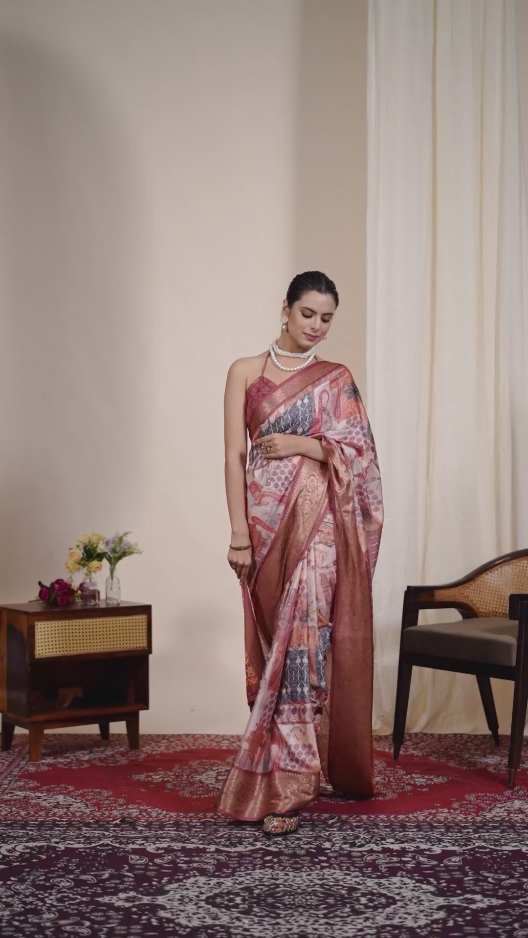 Premium Soft Lichi Silk Saree in an Elegant Peach & Multicolor Shade, beautifully adorned with Traditional and Artistic Digital Prints.