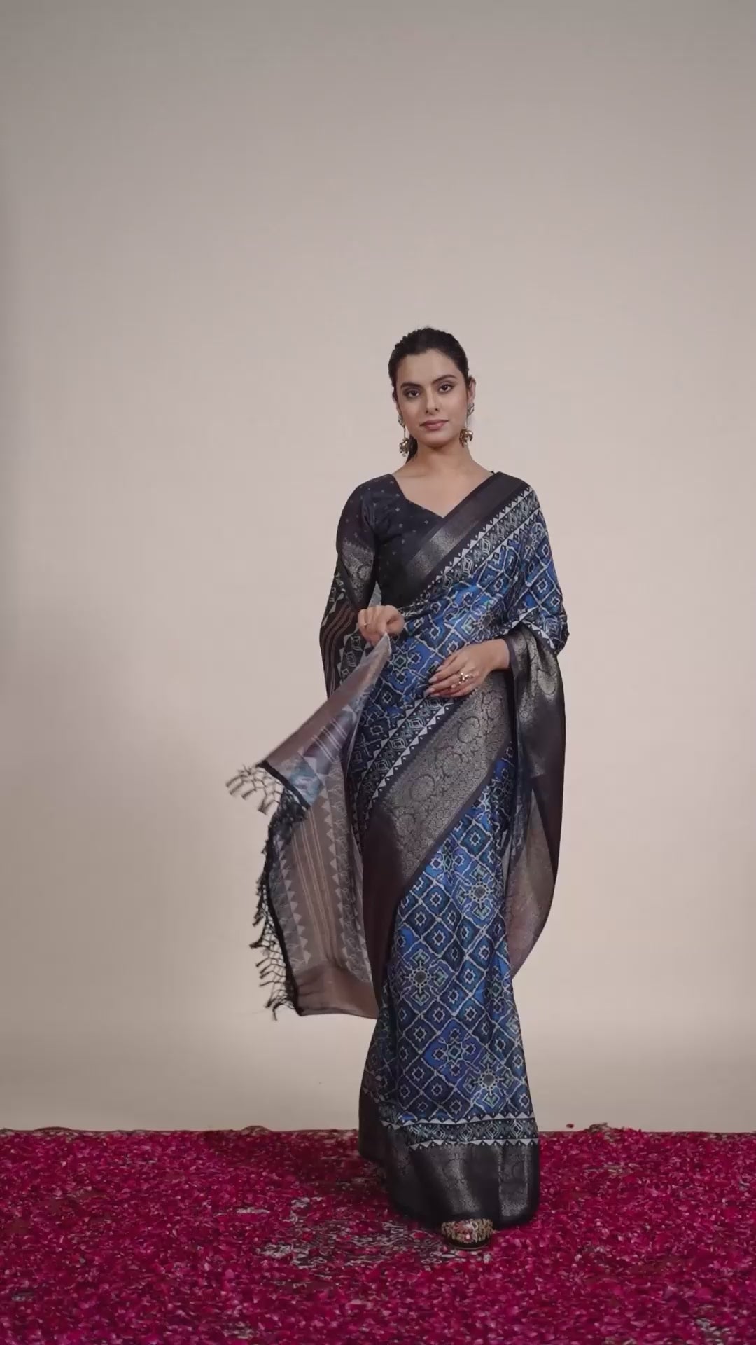 Exquisite Soft Lichi Silk Saree featuring elegant digital ethnic geometric designs paired with a luxurious copper zari border.