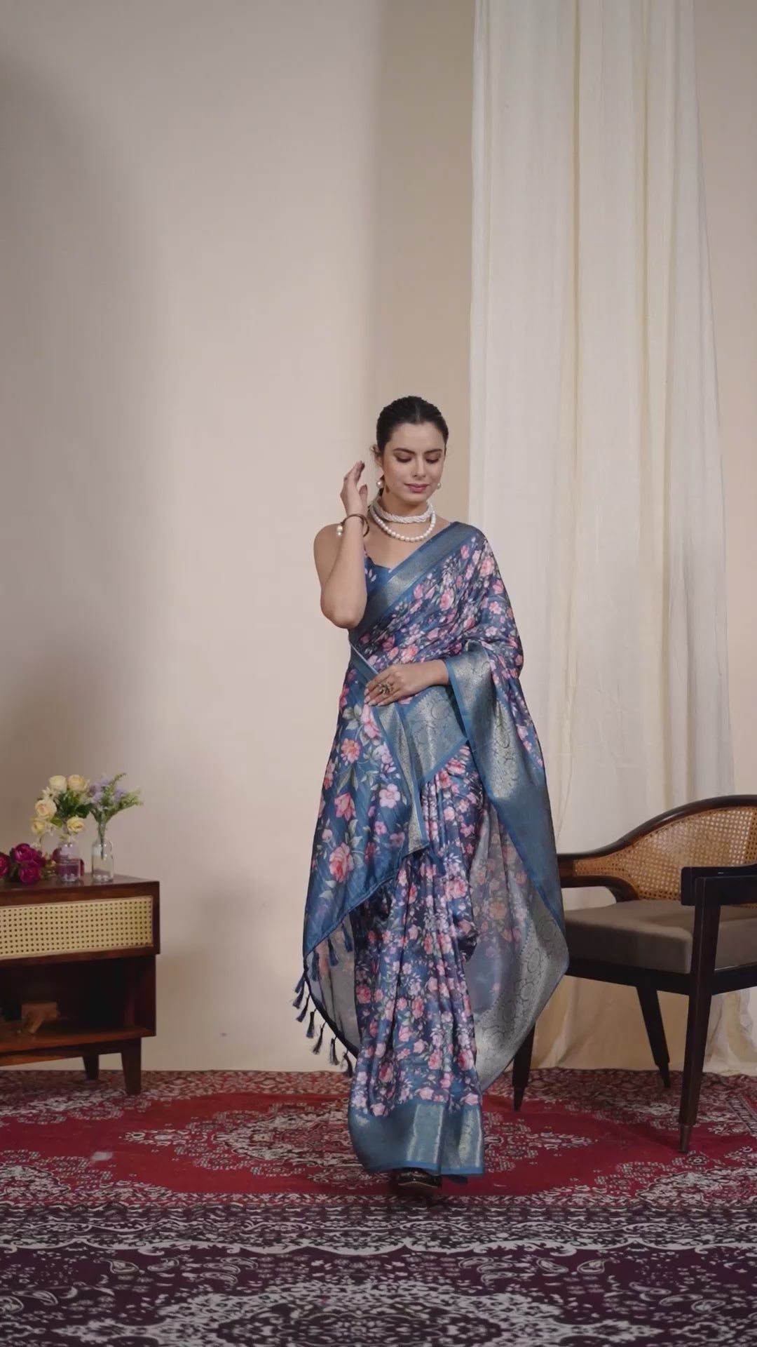 Gorgeous Soft Lichi Silk Saree in Deep Teal Blue, adorned with Romantic Rose Floral Digital Prints and finished with an Intricately Woven Golden Zari Border — perfect for festive gatherings, elegant evenings, or special celebrations.