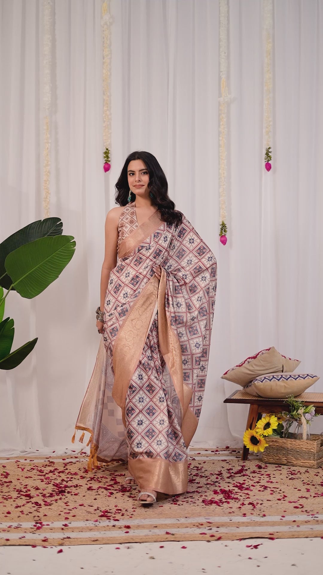 Premium Soft Lichi Silk Saree featuring elegant traditional geometric patterns, beautifully enhanced with a luxurious golden zari woven border — a graceful choice for every festive or formal occasion.
