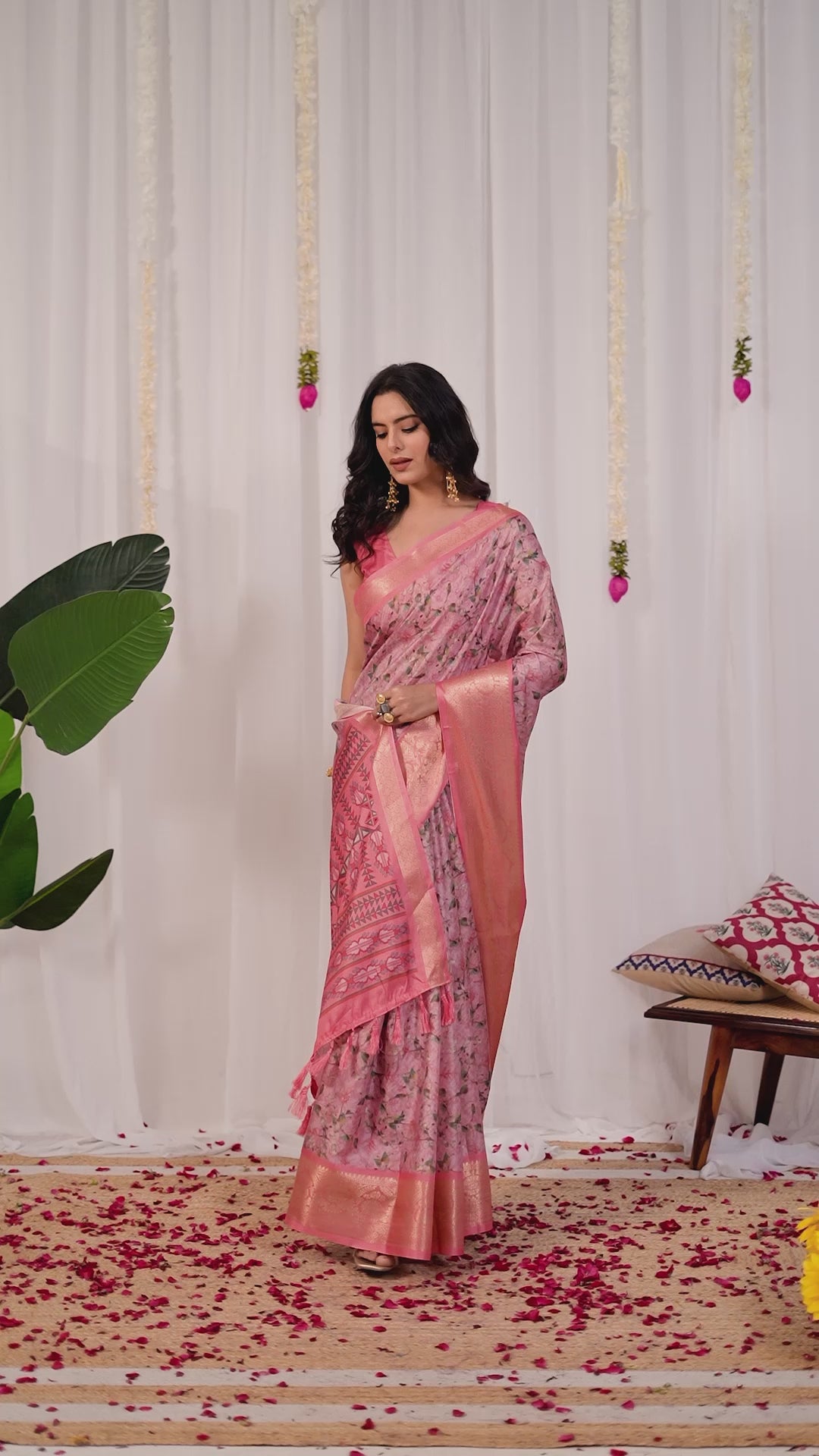 Premium Soft Lichi Silk Saree with a delicate floral print and a rich zari woven border, perfectly blending traditional elegance with modern grace.