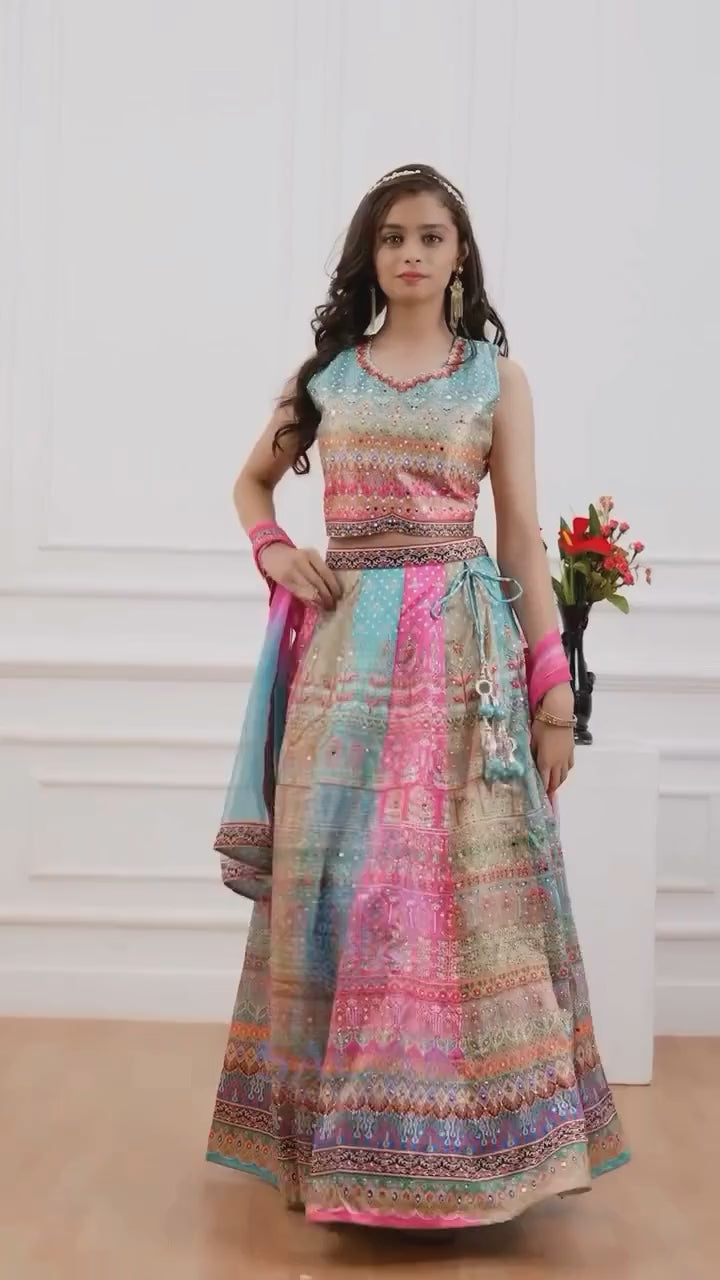 Multicolor Mirror Work And Printed Lehenga Choli Set For Girls
