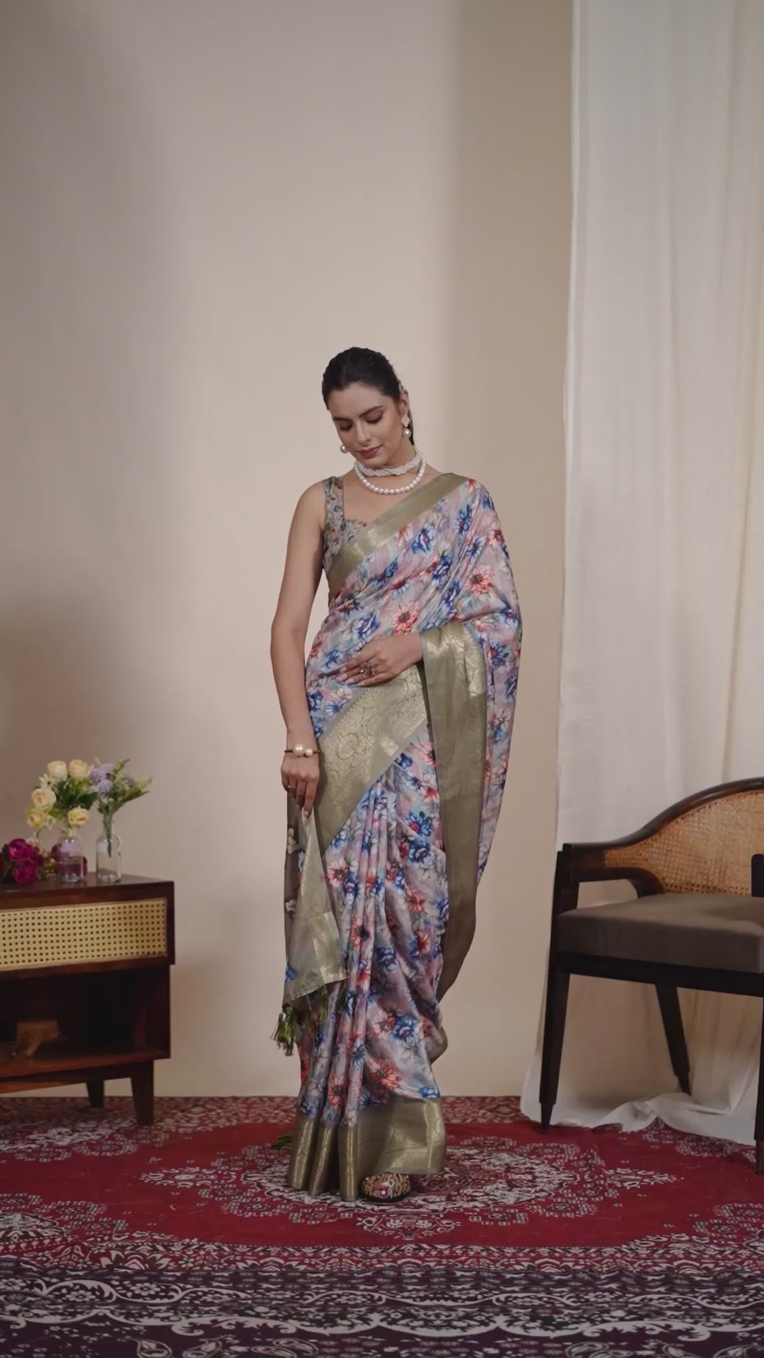 Elegant Soft Lichi Silk Saree adorned with mesmerizing digital floral patterns and a rich golden zari border