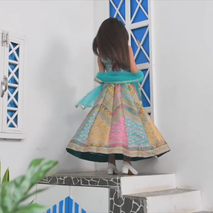 Multicolor Mirror Work And Printed Lehenga Choli Set For Girls