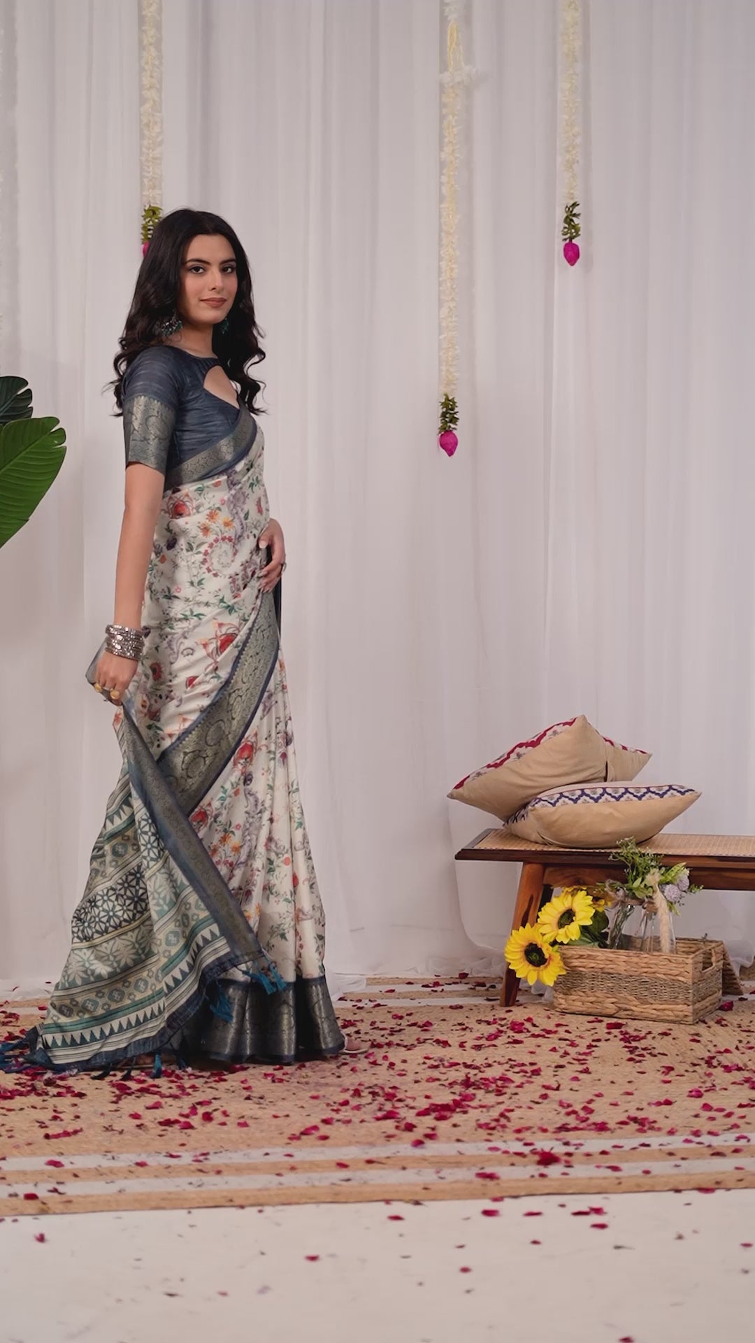 Premium Soft Lichi Silk Saree adorned with vibrant digital floral prints, complemented by a rich, intricately woven zari border — a perfect blend of luxury and tradition.