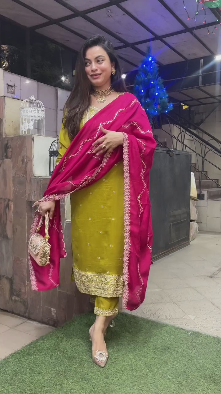 NEW  colour 3-pair Suit Set you've described seems to be a party wear outfit made from have pure chinon  fabric with  sequence  embroidery work .(3-Pair)