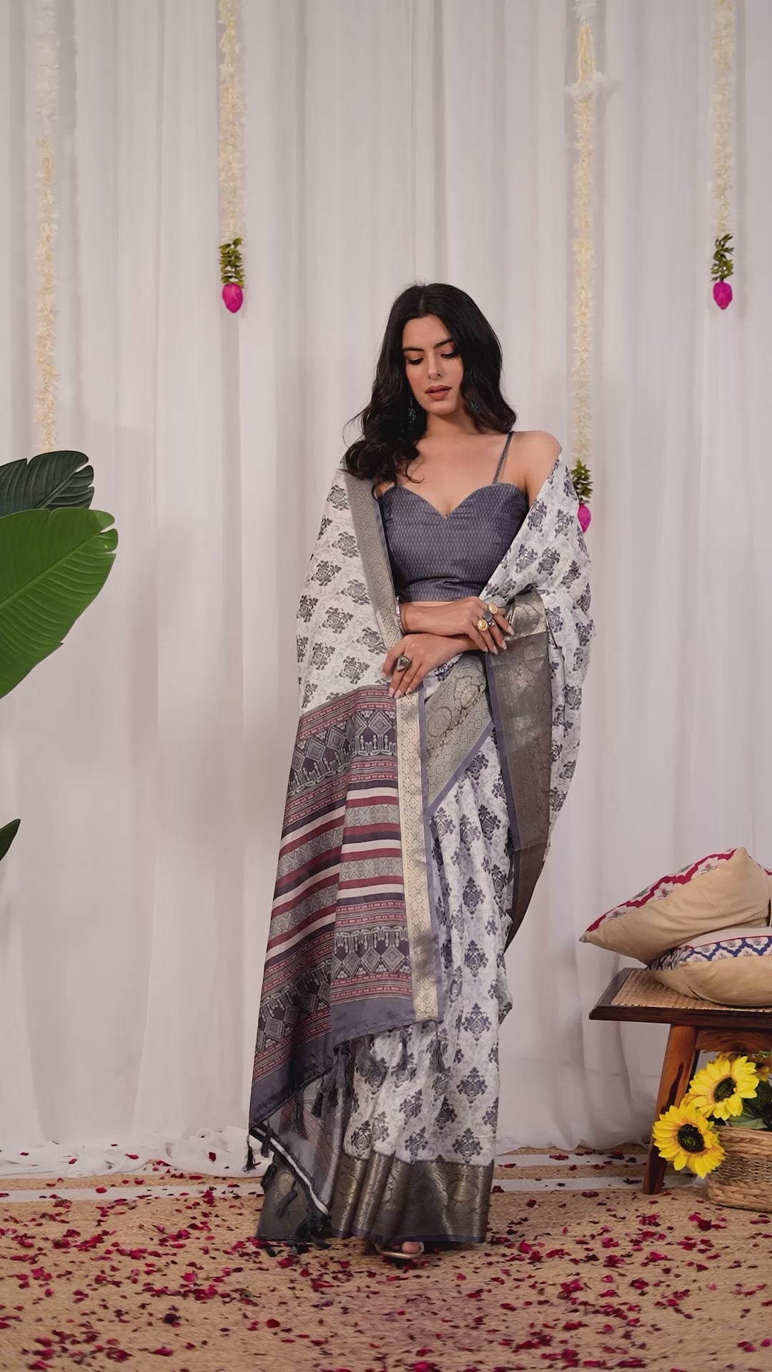 Premium Soft Lichi Silk Saree in Elegant White Base featuring intricate black ethnic motifs, beautifully complemented with a luxurious golden zari woven border and a rich maroon pallu