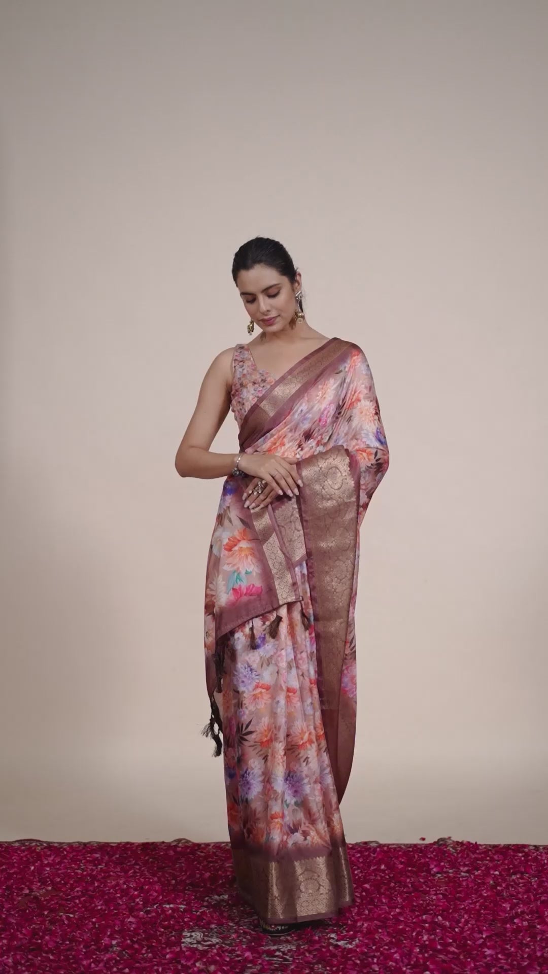 Elegant Soft Lichi Silk Saree featuring mesmerizing digital floral patterns and a rich golden zari border — the perfect blend of vintage charm and modern sophistication.
