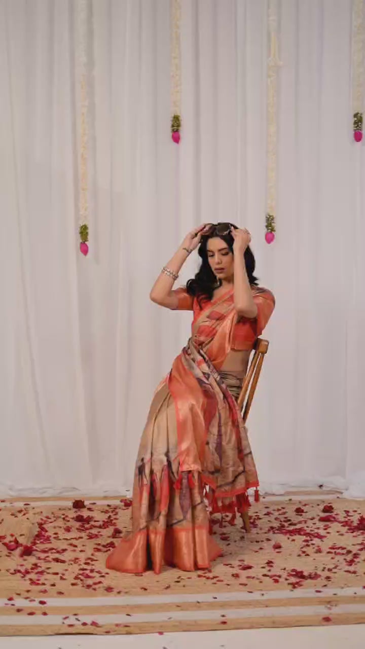 Soft Lichi Silk Saree with Elegant Tribal Art Print and Rich Zari Border