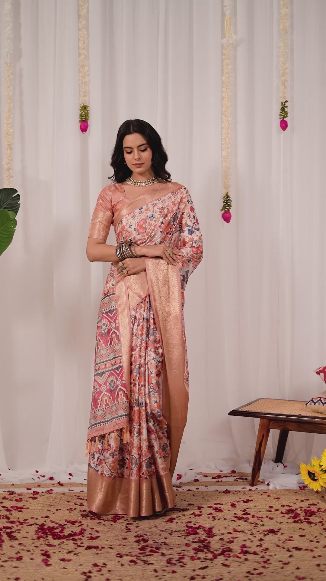 Premium Soft Lichi Silk Saree adorned with intricate floral digital weaving and luxurious golden zari border — blending timeless charm with regal grace.