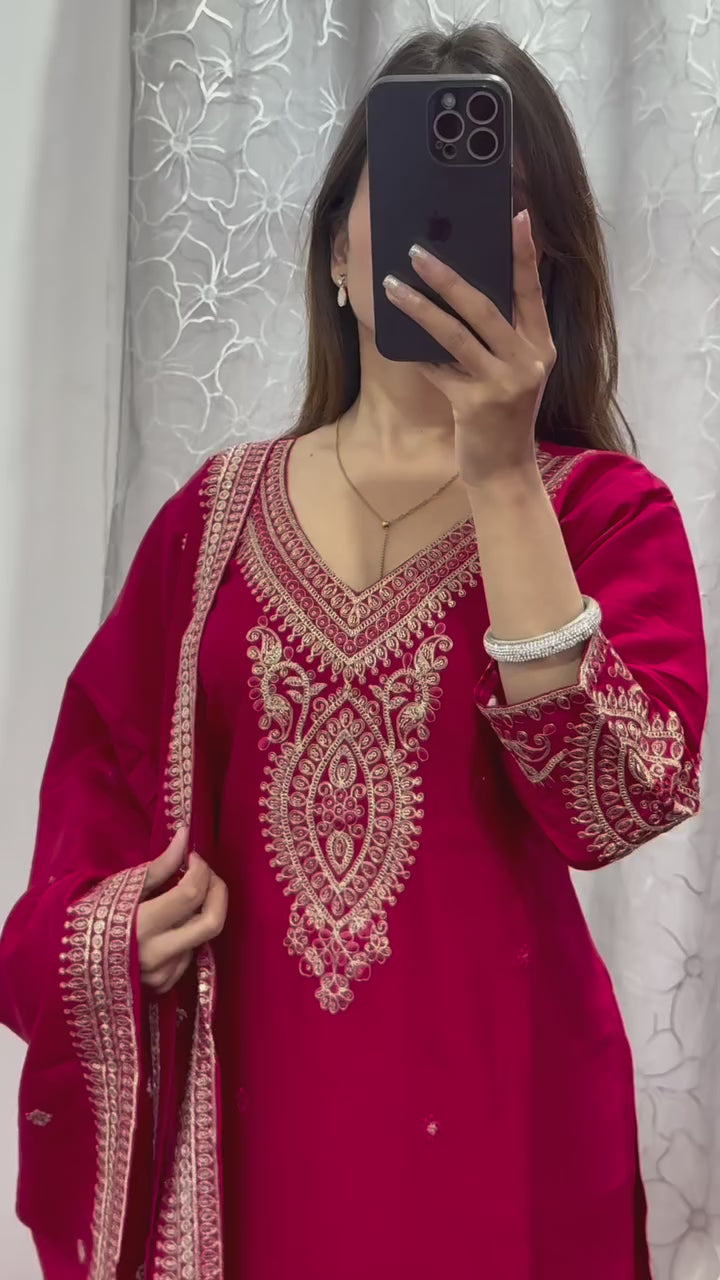 3-pair Suit Set you've described seems to be a party wear outfit made from have pure chinon  fabric with  sequence  embroidery work .(3-Pair)