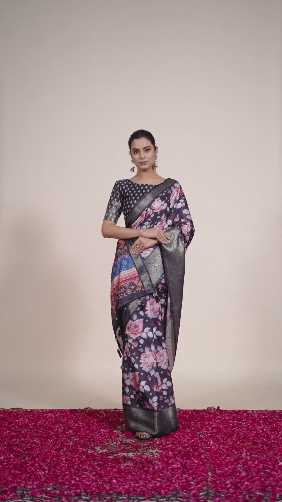 Premium Soft Lichi Silk Saree in Rich Black Tone, adorned with Artistic Floral Prints and a Vibrant Traditional Multicolor Pallu.