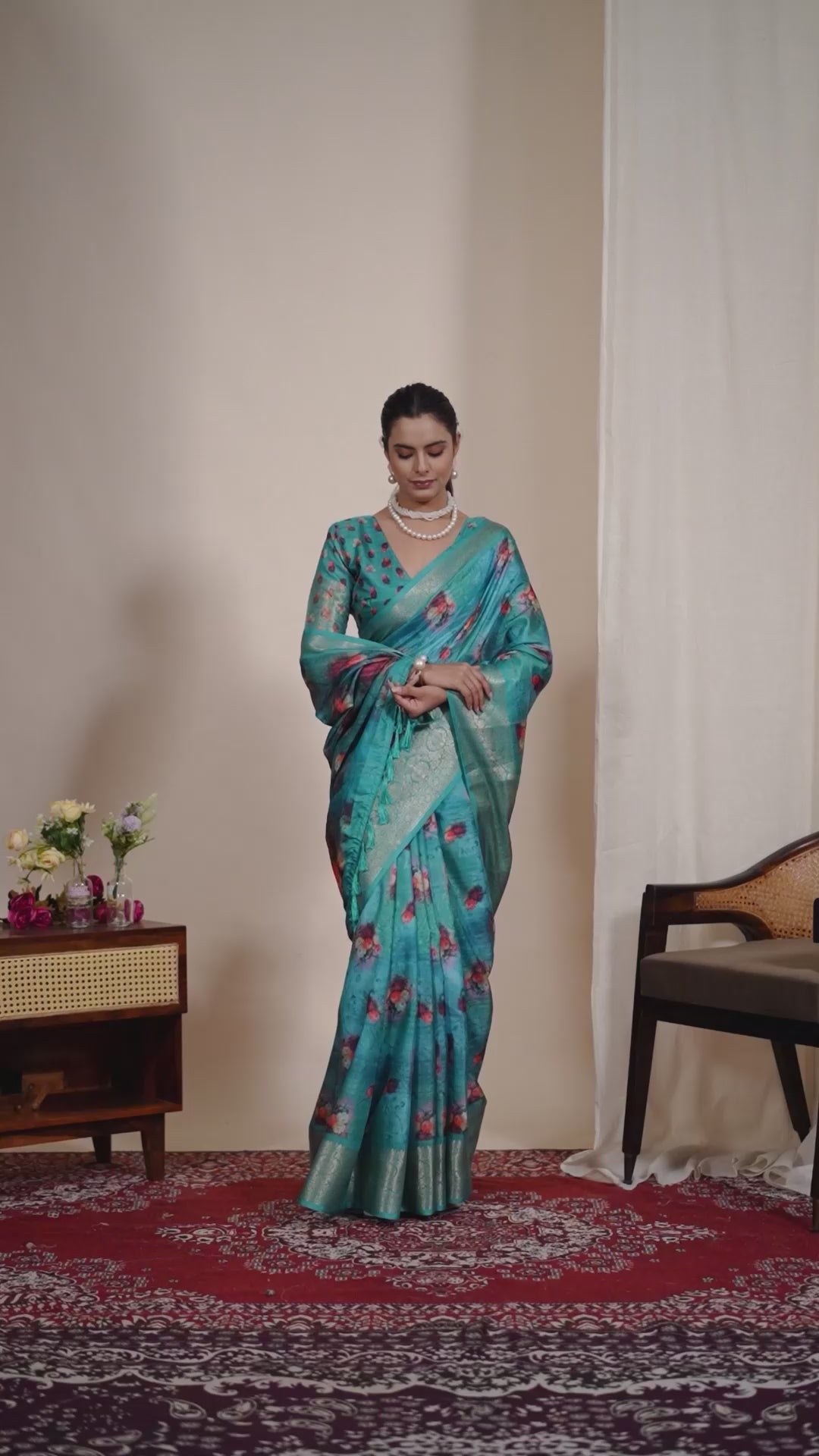Elegant Soft Lichi Silk Saree adorned with digital floral patterns and a rich golden zari border.