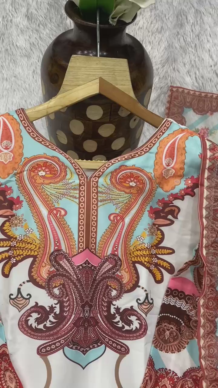 Peach Kurti 3 pair Set you've described seems to be a party wear outfit made from Maslin fabric with digital prints Georgette Duptta.