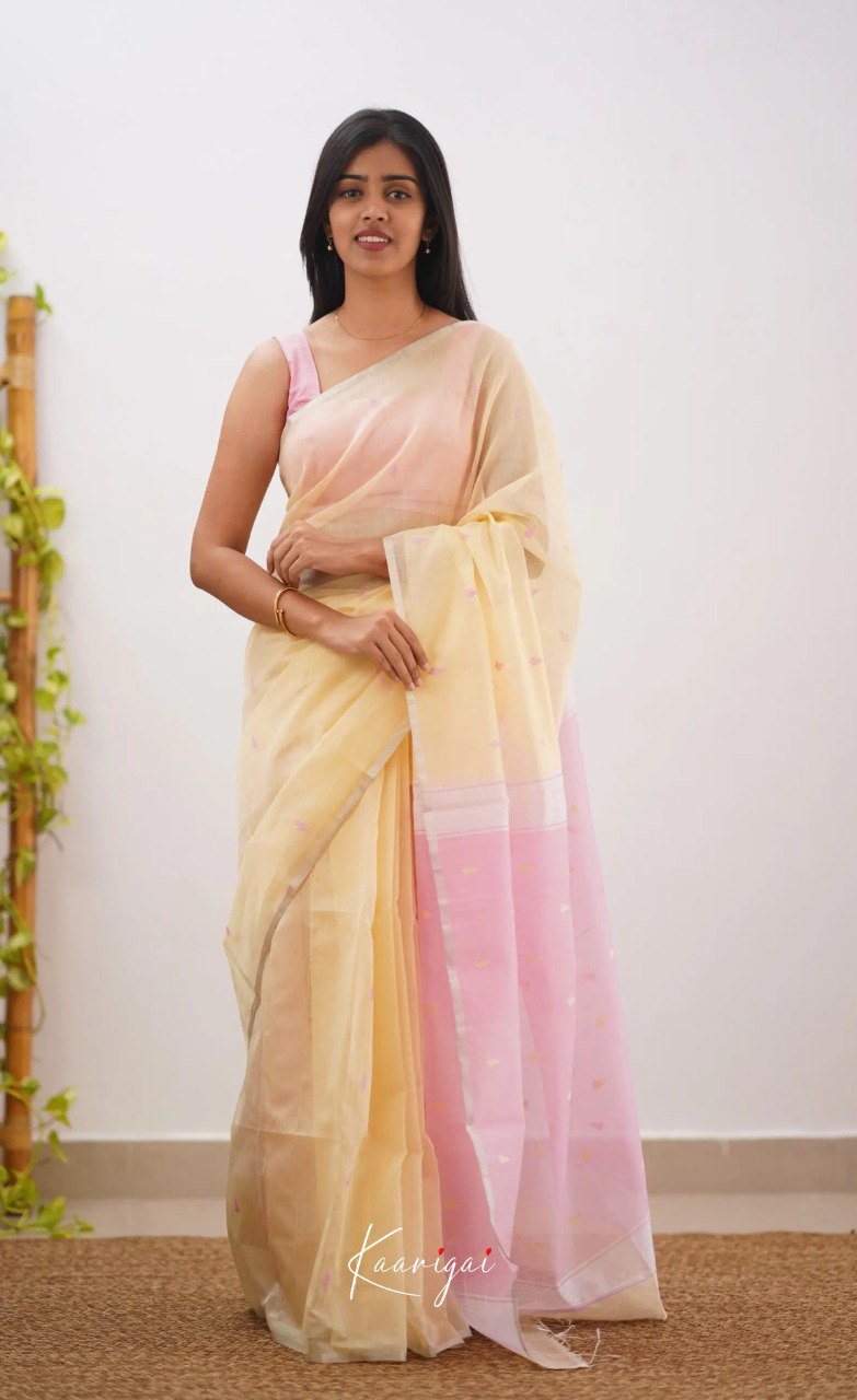 Woman wearing a light-colored saree with a subtle design on a plain background